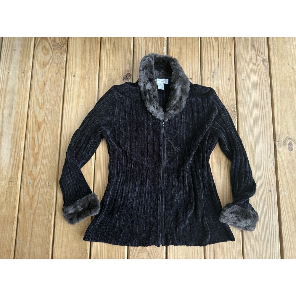 Vintage 90s Y2K That Sweater Black Velvet Faux Fur Jacket Fur Trim Sleeves Lg